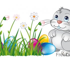 Easter egg with flower and cartoon rabbit vector 01