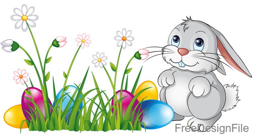 Easter egg with flower and cartoon rabbit vector 01