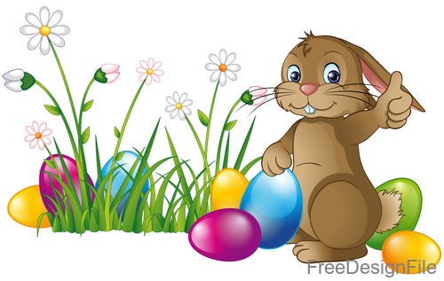 Easter egg with flower and cartoon rabbit vector 04