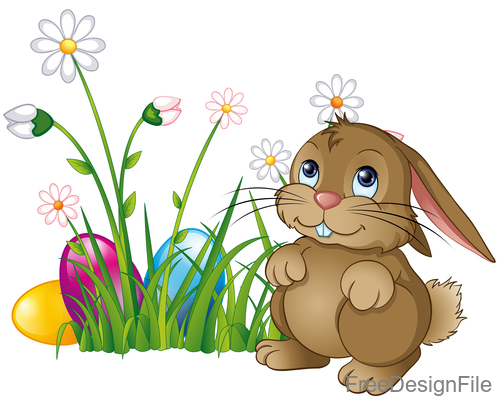 Easter egg with flower and cartoon rabbit vector 02