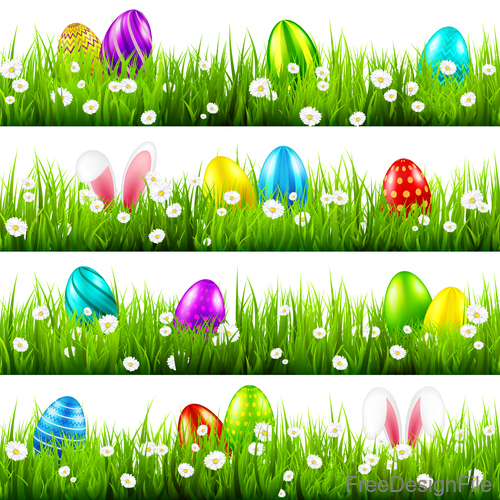 Easter egg with green grass borders vector set 01