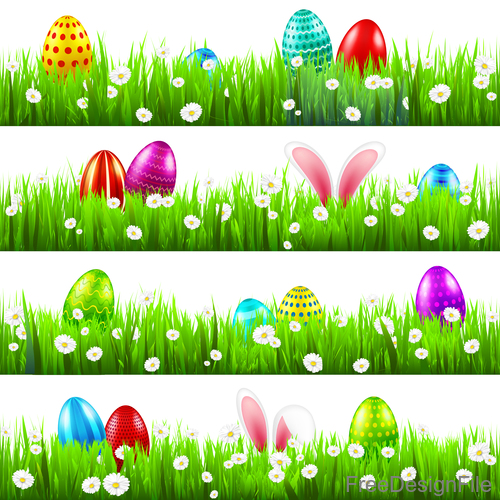 Easter egg with green grass borders vector set 04