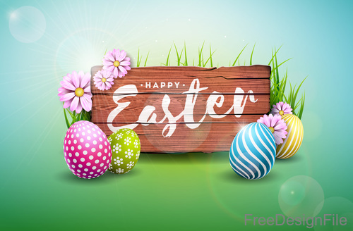 Easter wood sign with easter egg design vector
