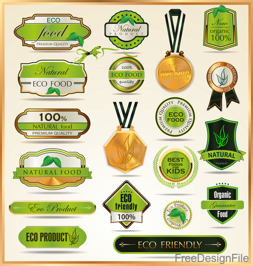 Eco food badge with labels design vectors set 01