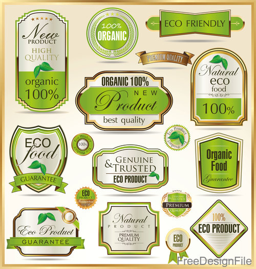 Eco food badge with labels design vectors set 02