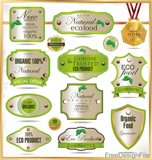 Eco food badge with labels design vectors set 03