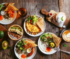 Exquisite breakfast toast vegetable salad coffee fruit platter Stock Photo
