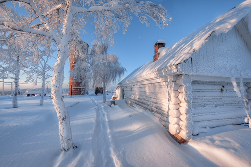 Farmhouse after snow Stock Photo