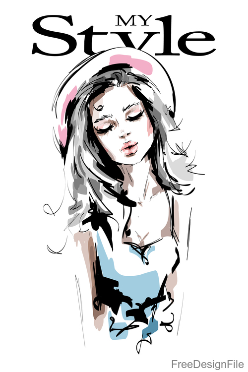 Fashion style girl sketch design vector 04