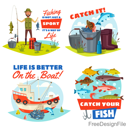 Fishing cartoon design elements vector 02