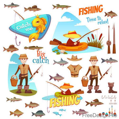 Fishing cartoon design elements vector 03