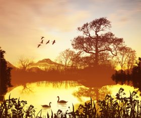 Flying birds and lake swans in the sunset sky Stock Photo