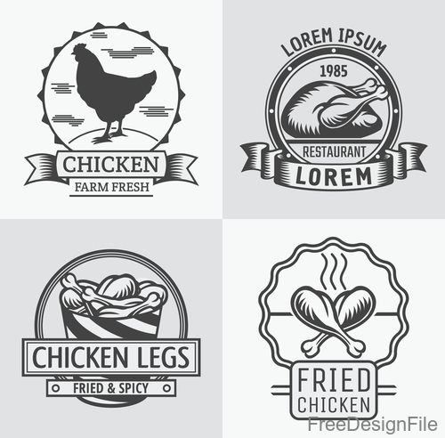 Fried chicken with chicken meat labels vector 02