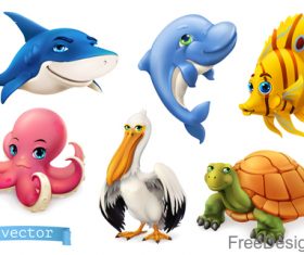 Funny sea animals and fishes cartoon vector