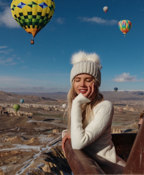 Girl hot air balloon ride sightseeing Stock Photo