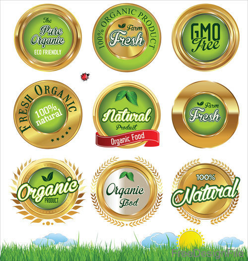 Gold and green ecology labels vector