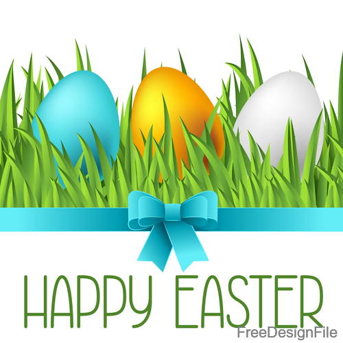 Grass with easter egg and blue bows vector