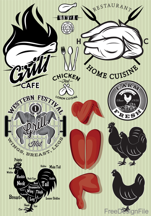 Grill chicken meat labels with badge design vector