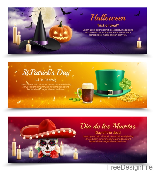 Halloween traditional hats masquerade vector banners
