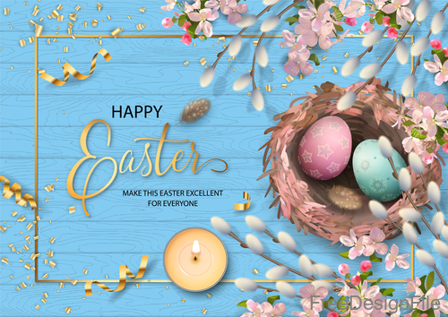 Happpy easter festival card with blue wood background vector