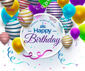 Happy birthday festive background with balloon and colored ribbon vector