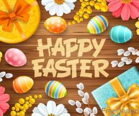 Happy easter elements design with wood wall background vector 01