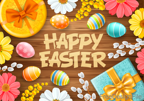 Happy easter elements design with wood wall background vector 01