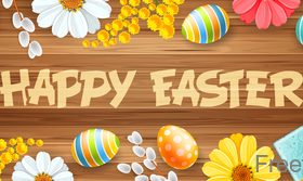 Happy easter elements design with wood wall background vector 02