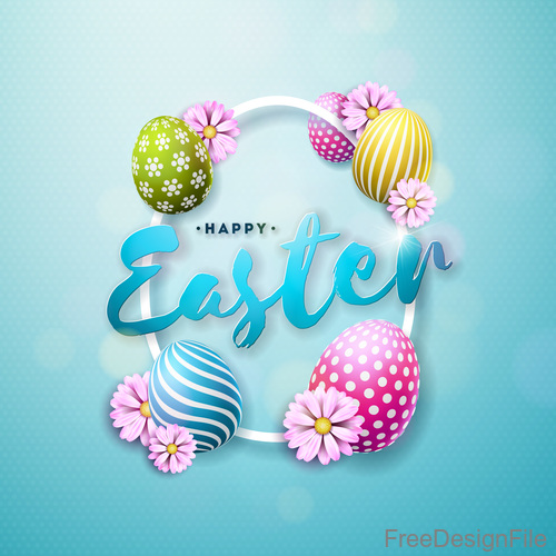 Happy easter festival egg with flower design vector 02