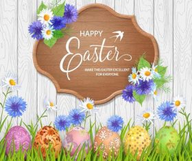Happy easter wood sign with wood wall background vector