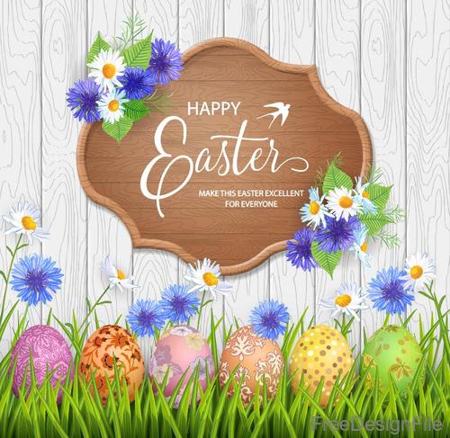 Happy easter wood sign with wood wall background vector