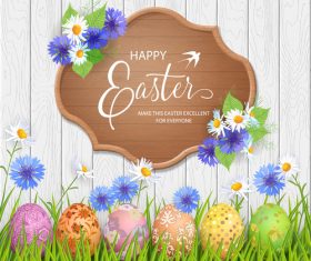 Happy easter wooden sign with egg and grass vector