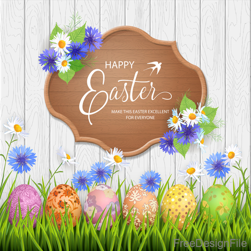 Happy easter wooden sign with egg and grass vector