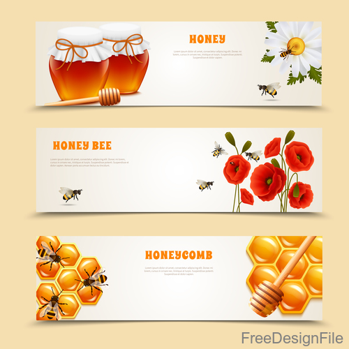 Honey with bee banners vectors design 01