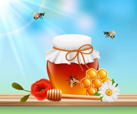 Jar with honey and sky background vector
