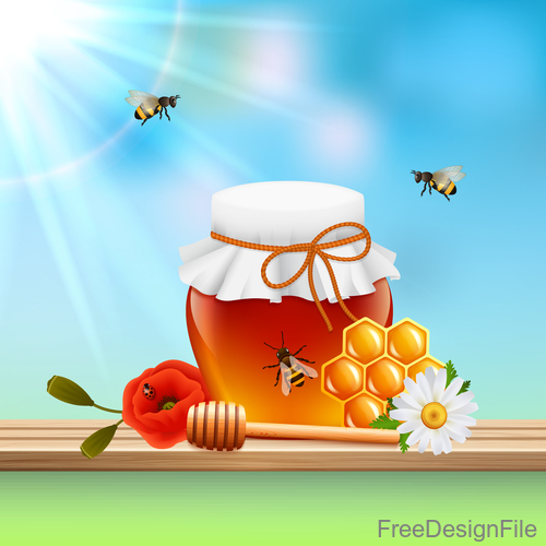 Jar with honey and sky background vector