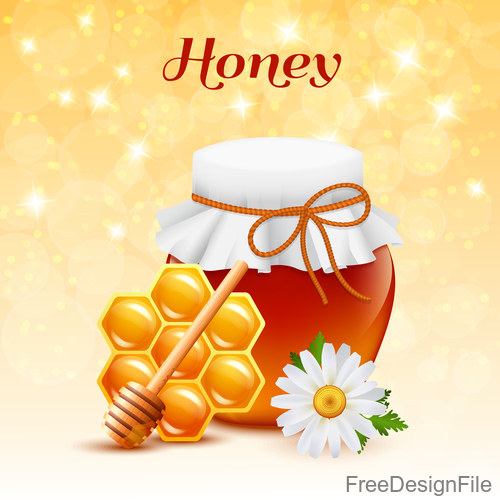 Jar with honey and white flower vector