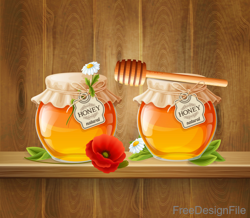 Jar with honey and wood background vector