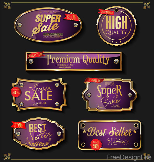 Luxury premium sale golden badges and labels vector set