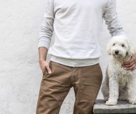 Man with white pet dog Stock Photo
