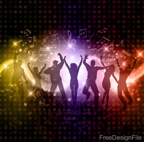 Music disco party background with people silhouetter vector 02