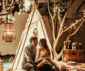 Outdoor tent couples in love Stock Photo