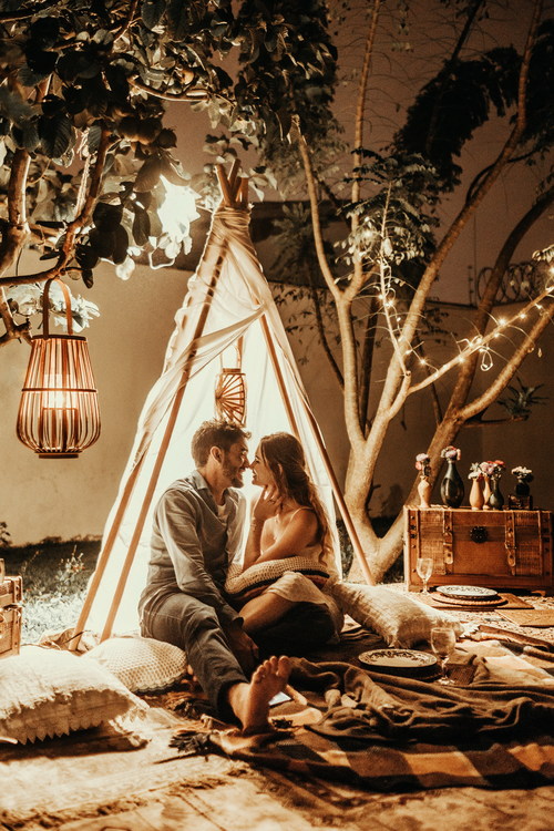 Outdoor tent couples in love Stock Photo