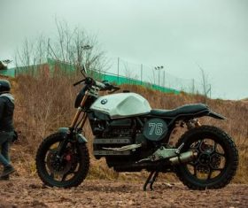 Parked motorcycles and people Stock Photo