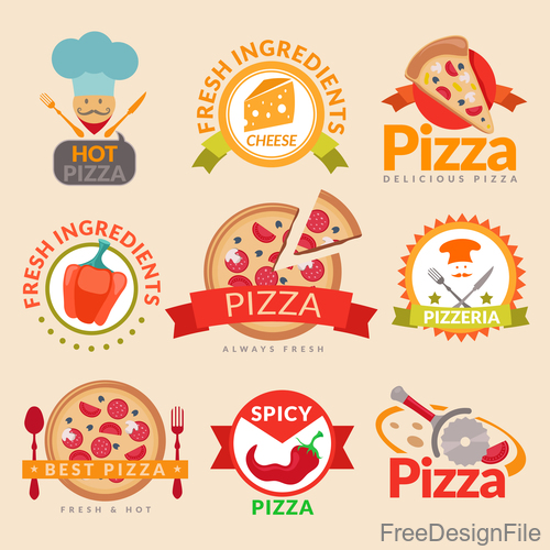 Pizza retor labels with badge vector