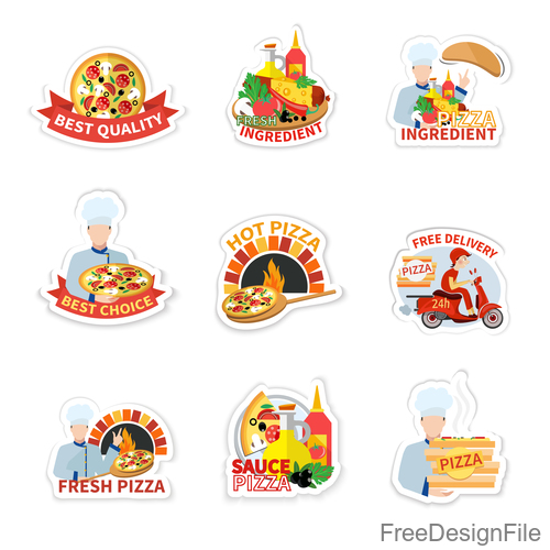 Pizza sticker design vector set