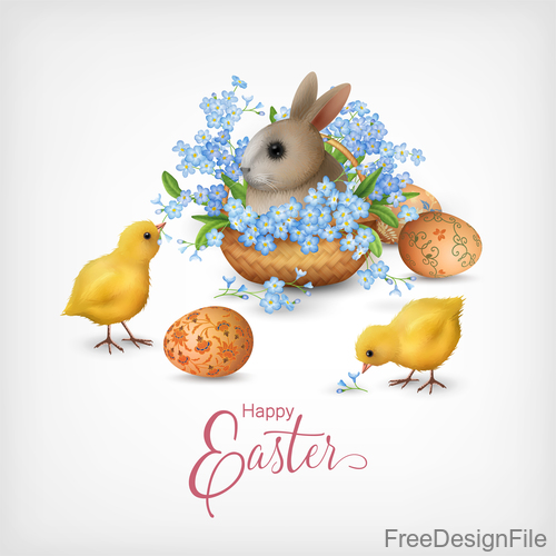 Rabbit and easter egg with chick design vectors 01