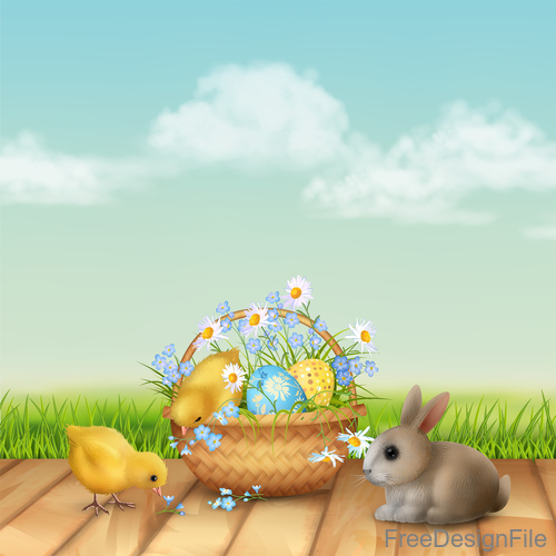 Rabbit and easter egg with chick design vectors 02