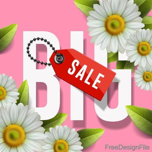 Red sale tag with spring flower background vector