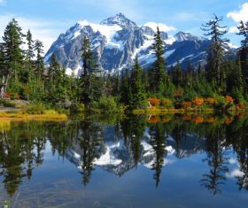 Snow mountain forest reflection in the lake Stock Photo